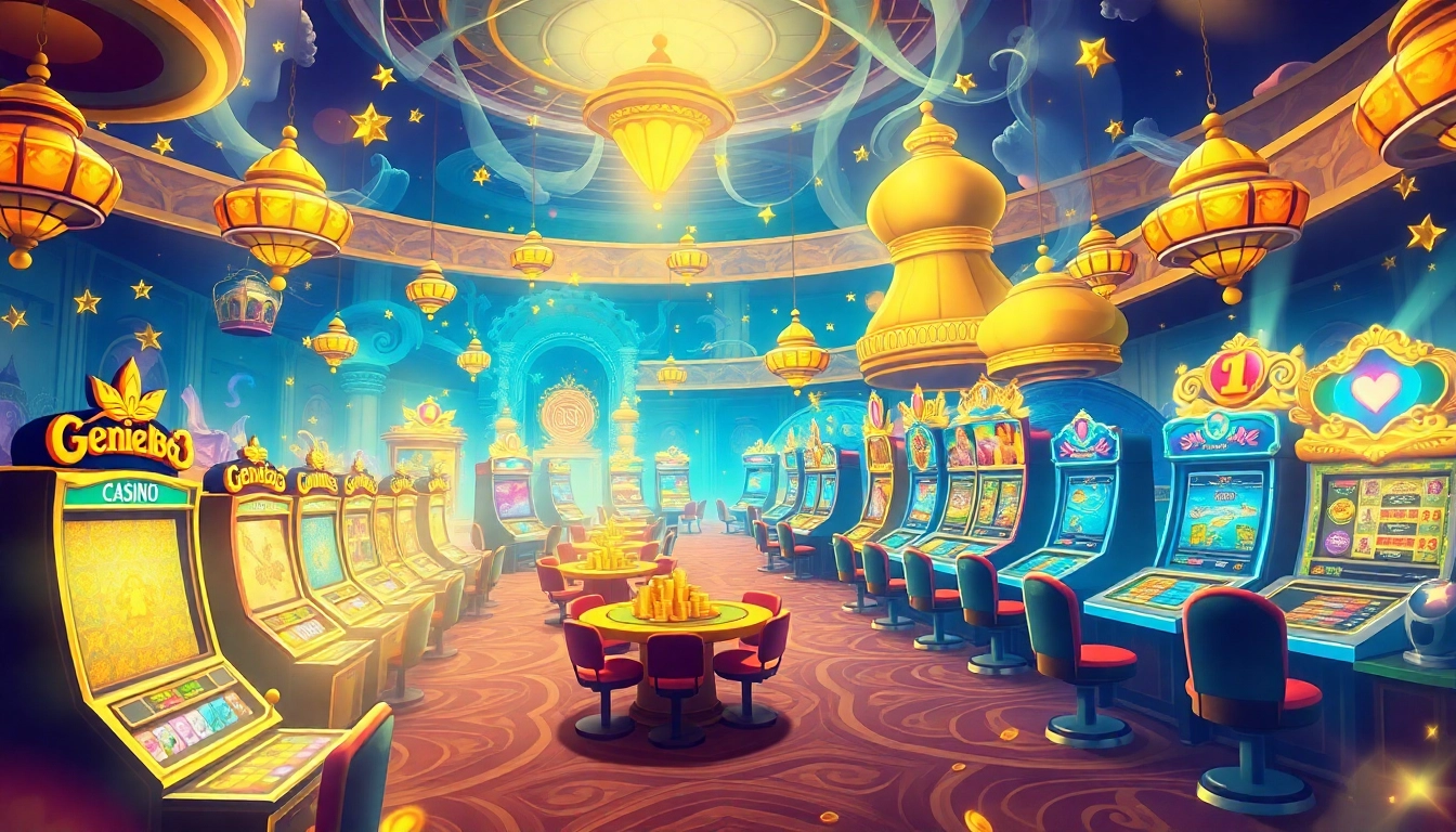 Dive into the enchanting world of genie168 with vibrant slot machines and magical tables in a fantasy casino setting.