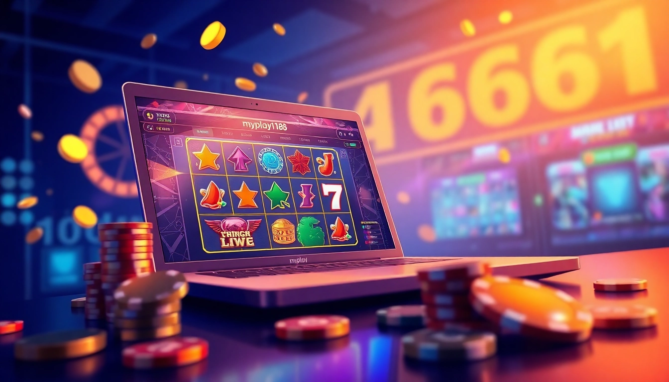 Experience thrilling online gaming with myplay168, showcasing vibrant slots and colorful tokens.