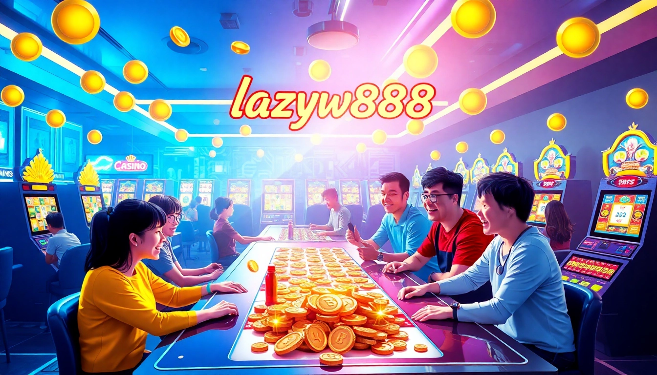 Experience the thrilling atmosphere of lazywin888 with dynamic players gaming around vibrant slot machines.