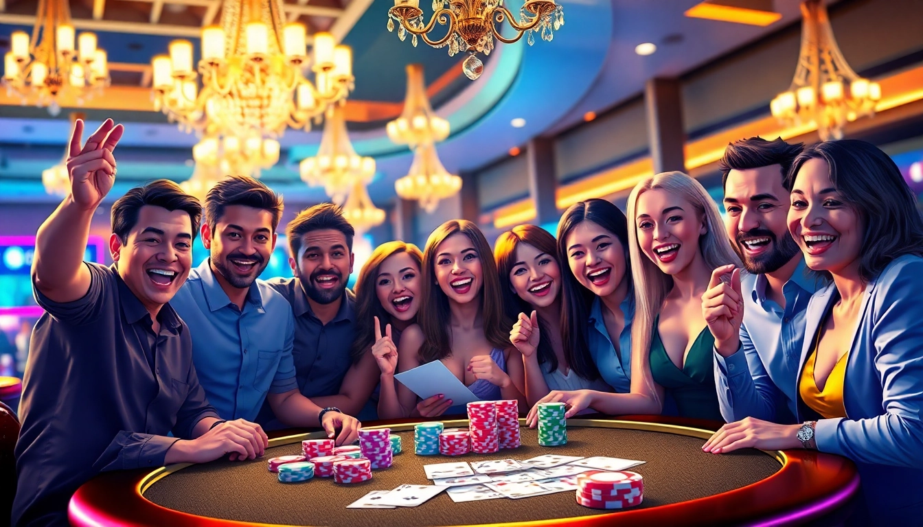 Experience the thrilling atmosphere of cat888’s vibrant casino scene with friends celebrating wins.