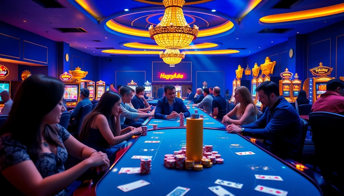 Vibrant Happyluke casino scene showcasing players engaged in lively gameplay at stylish tables with rich colors.