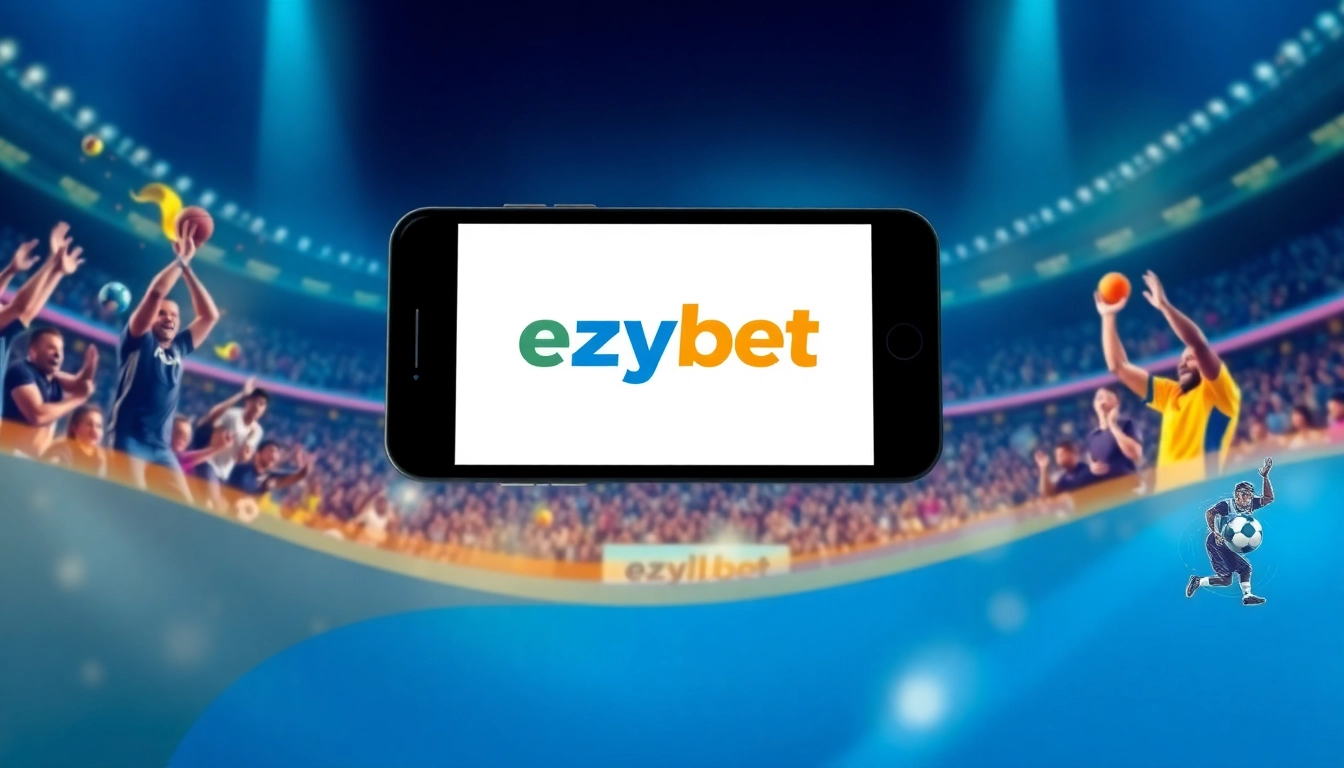 ezybet mobile app interface surrounded by sports fans in a vibrant stadium setting.