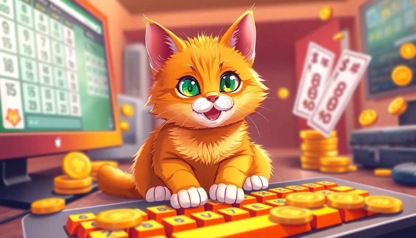 Playful cat surrounded by lottery tickets and coins, capturing the excitement of cat888 online betting.