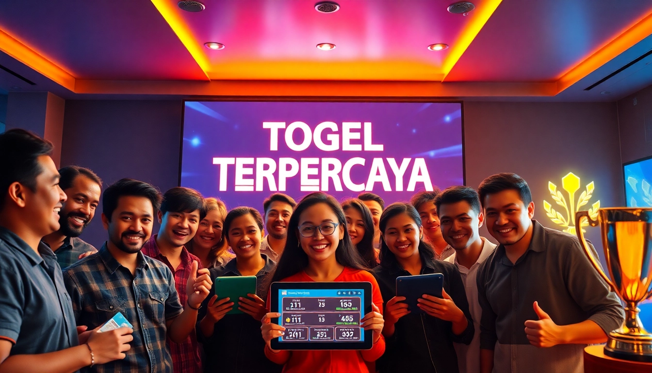 Diverse group celebrating at a "TOGEL TERPERCAYA" event, highlighting excitement and games.