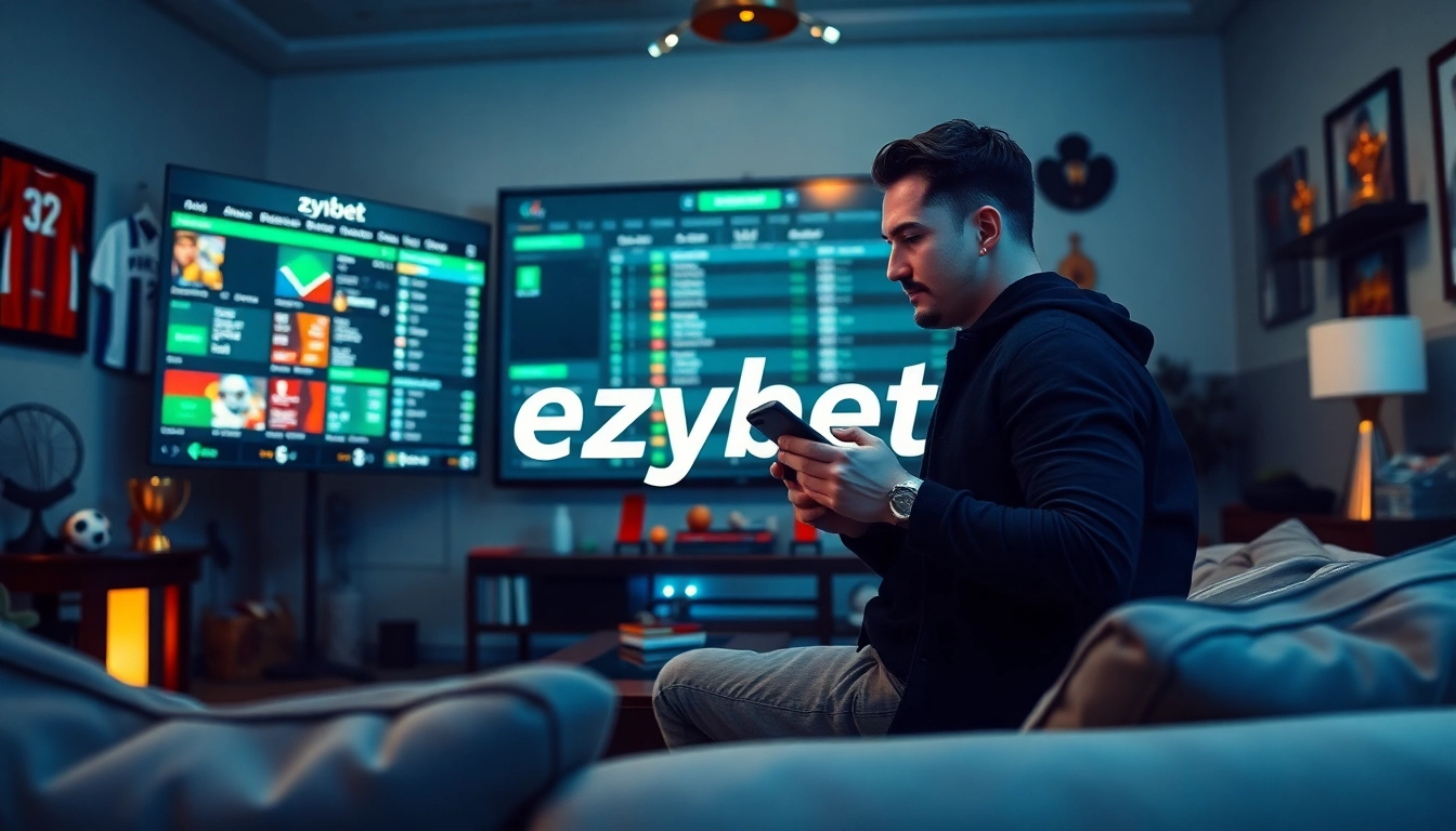 Ezybet user enjoying an immersive online betting experience in a cozy living room with sports memorabilia.