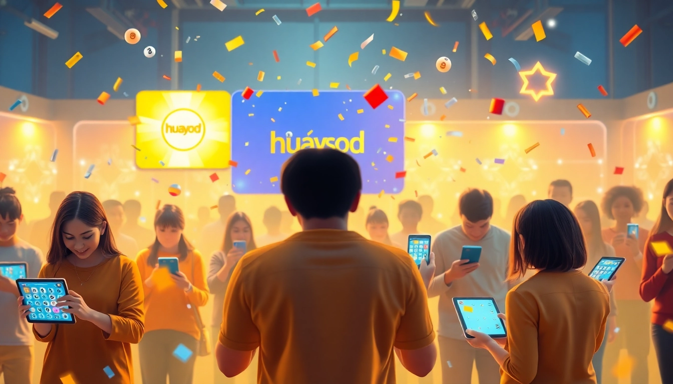 Experience the thrill of huaysod online lottery with excited players engaging with their devices.