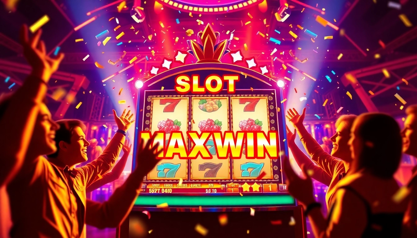 Celebrate big wins at the slot maxwin machine with vibrant colors and festive atmosphere, capturing the thrill and joy of gaming.