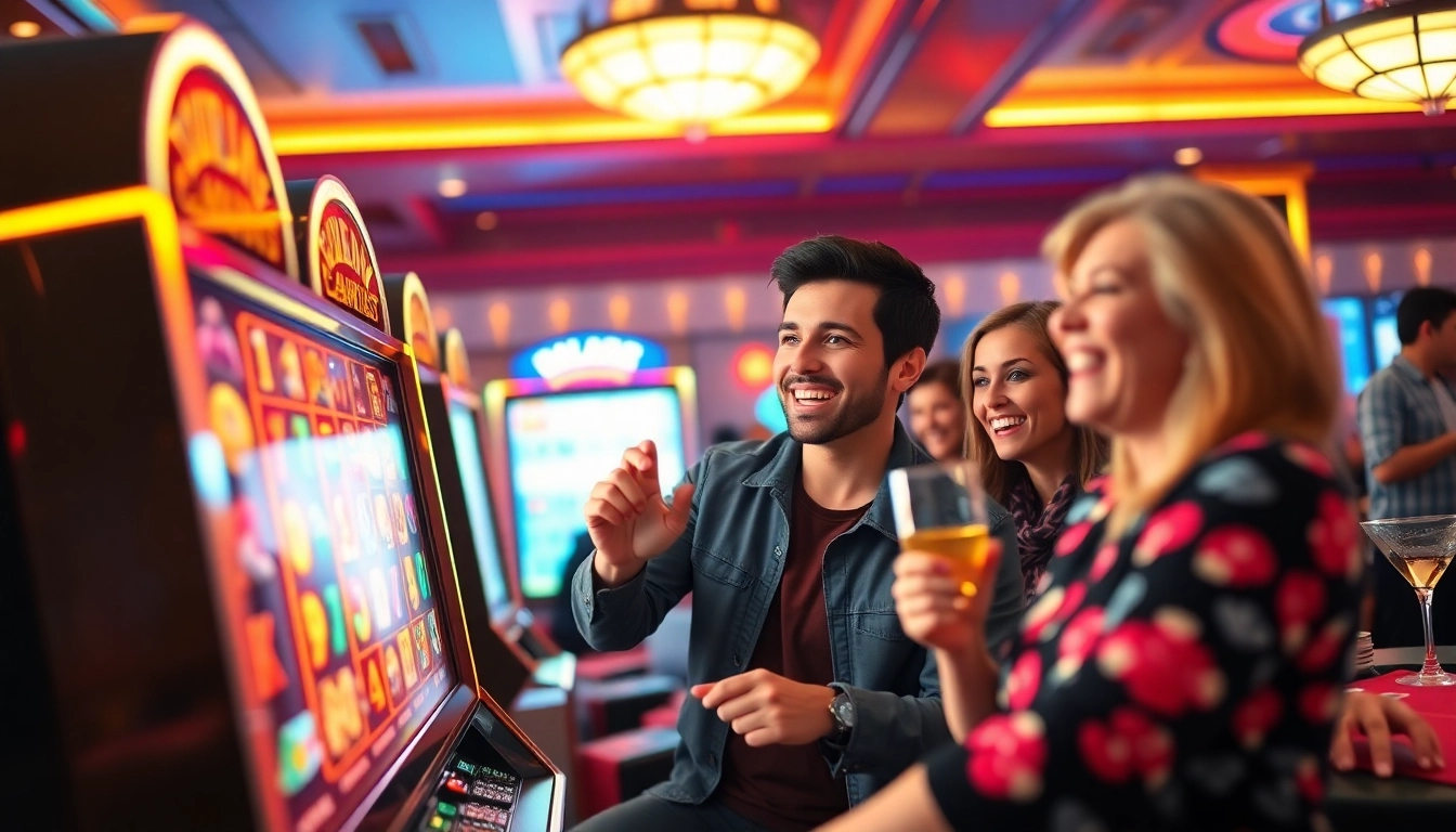 Players enjoying ทดลองเล่นสล็อต at a vibrant online casino with sparkling slot machines.