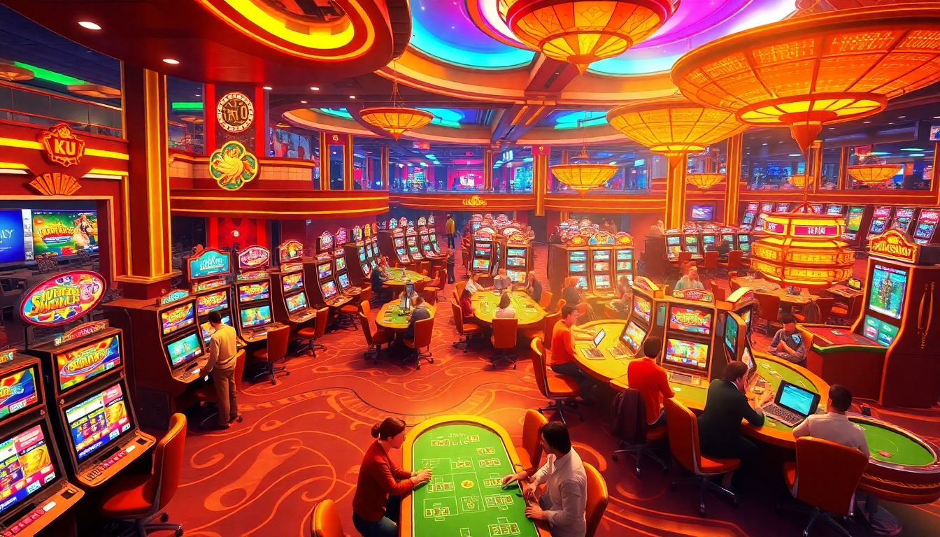 Experience the vibrant gaming atmosphere at Ku Casino with dynamic tables and colorful machines.