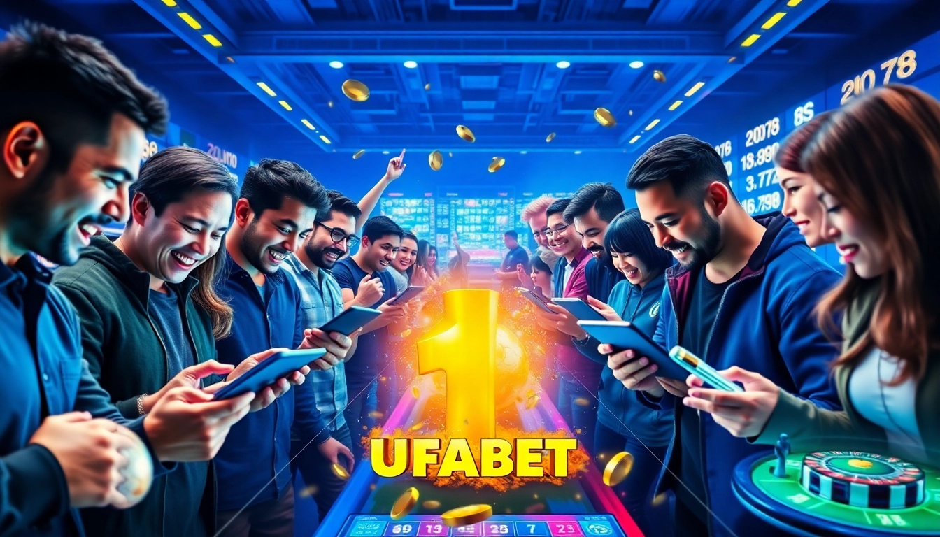 Experience an engaging UFABET sports betting platform with enthusiastic bettors interacting and enjoying their favorite games.