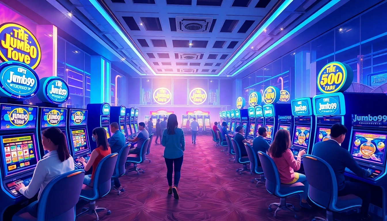 Experience the thrill of jumbo99 with players enjoying state-of-the-art slot machines in a vibrant casino.