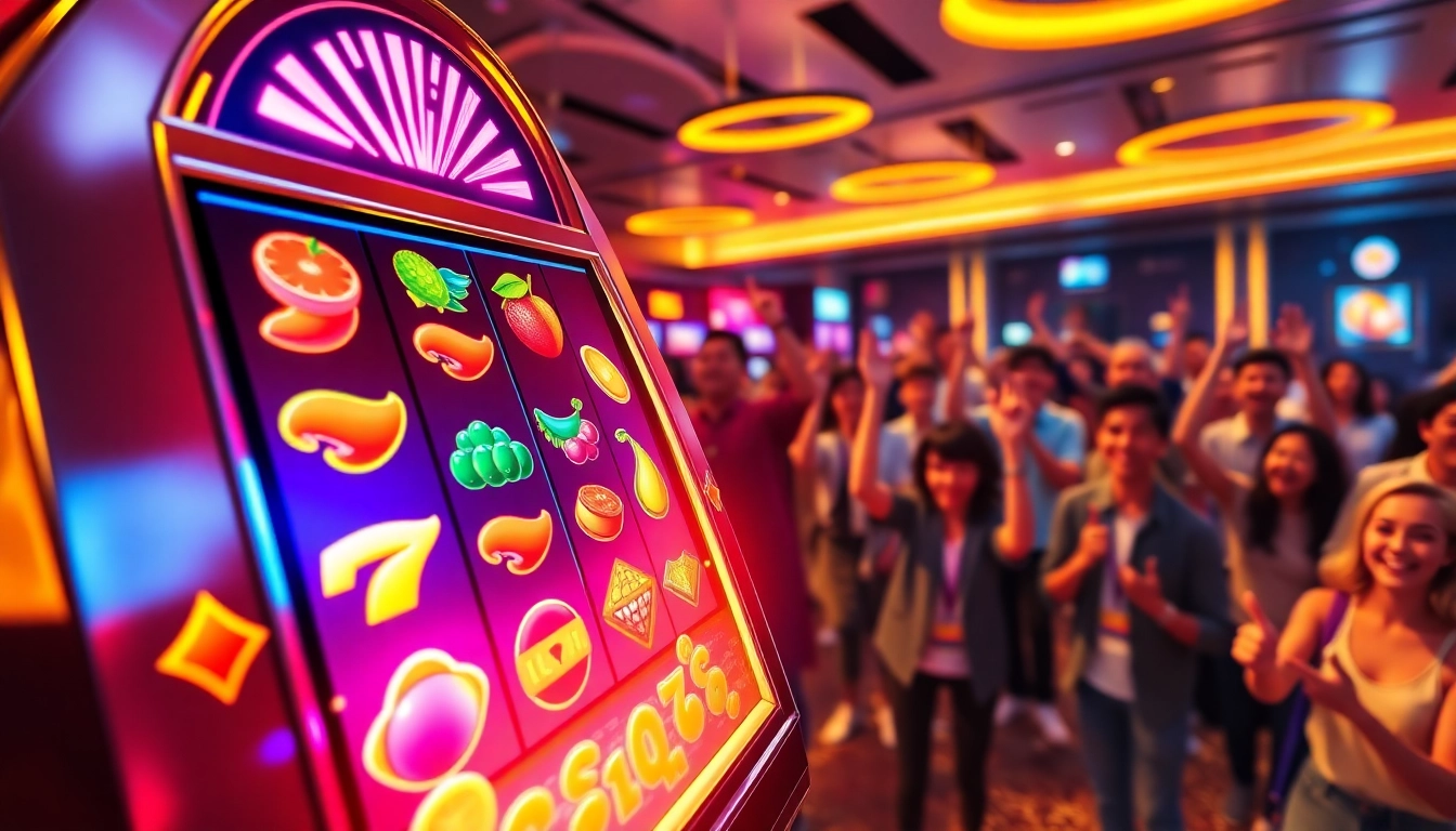 Experience สล็อตทดลอง with vibrant reels and excited players in a lively casino scene.