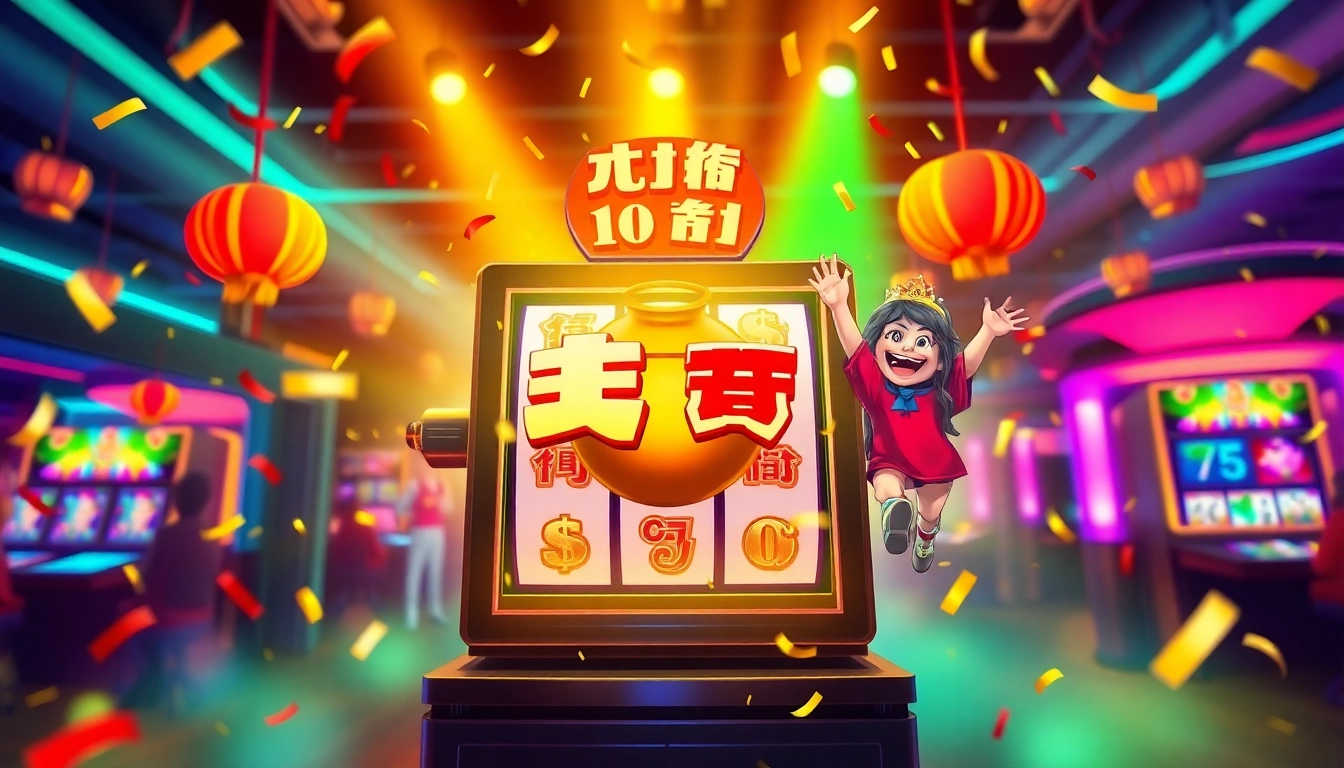 Experience the thrill of nổ hũ with a vibrant slot machine celebrating big wins.