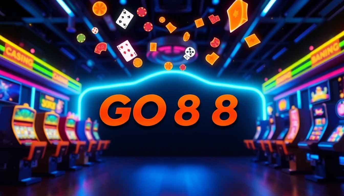 Experience exciting gaming adventures with GO88, featuring vibrant online casino elements and neon lights.