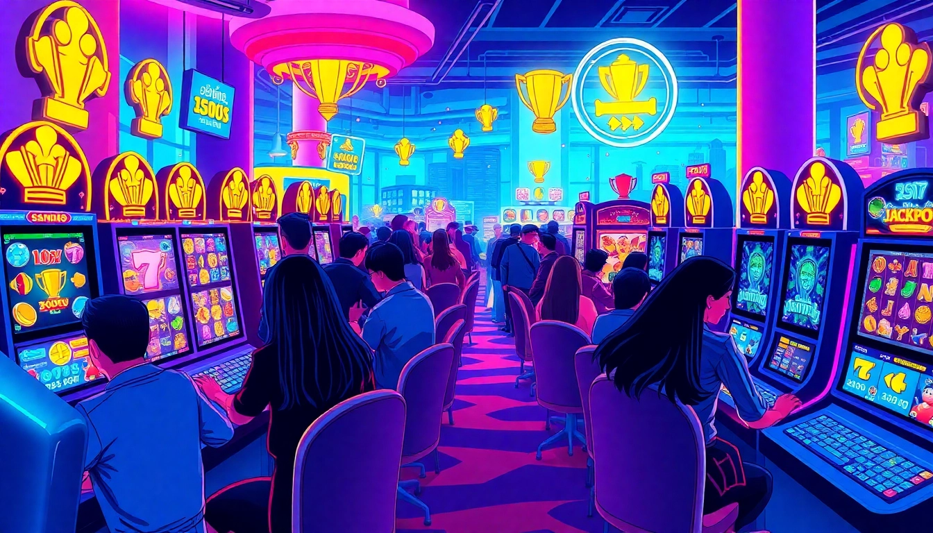 Experience the thrill of สล็อตเว็บตรง with vibrant gaming stations and excited players in a lively casino atmosphere.