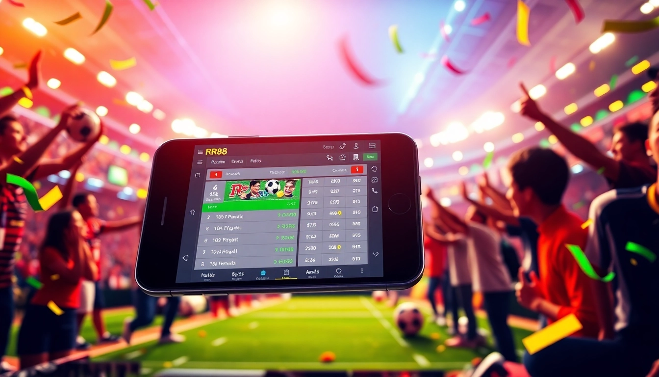 Engage with RR88's exciting sports betting platform displayed on mobile in a vibrant stadium.