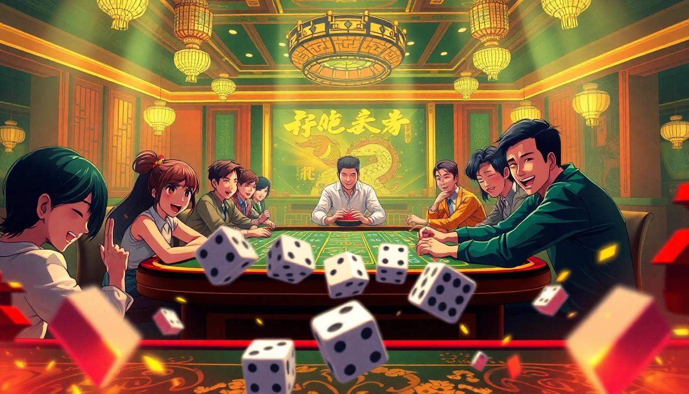 Players enjoying a thrilling tài xỉu online gaming experience in a vibrant casino.